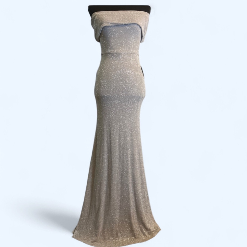 B Darlin Silver Off-Shoulder Maxi Dress